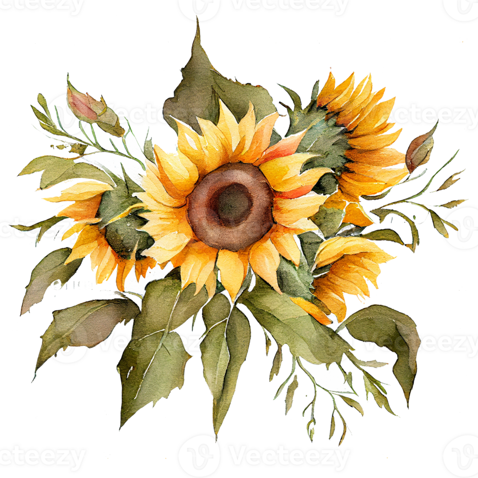 Watercolor floral bouquet composition with Sunflower, png transparent background, .