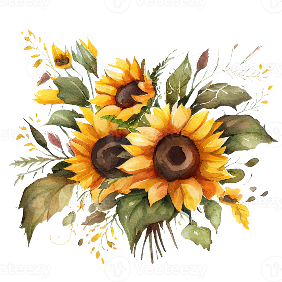 Watercolor floral bouquet composition with Sunflower, png transparent background, .