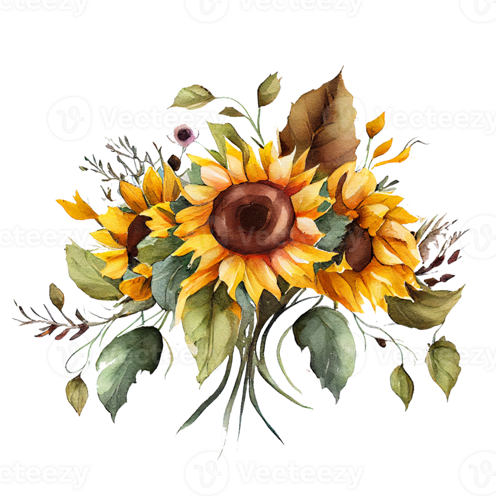 Watercolor floral bouquet composition with Sunflower, png transparent background, .