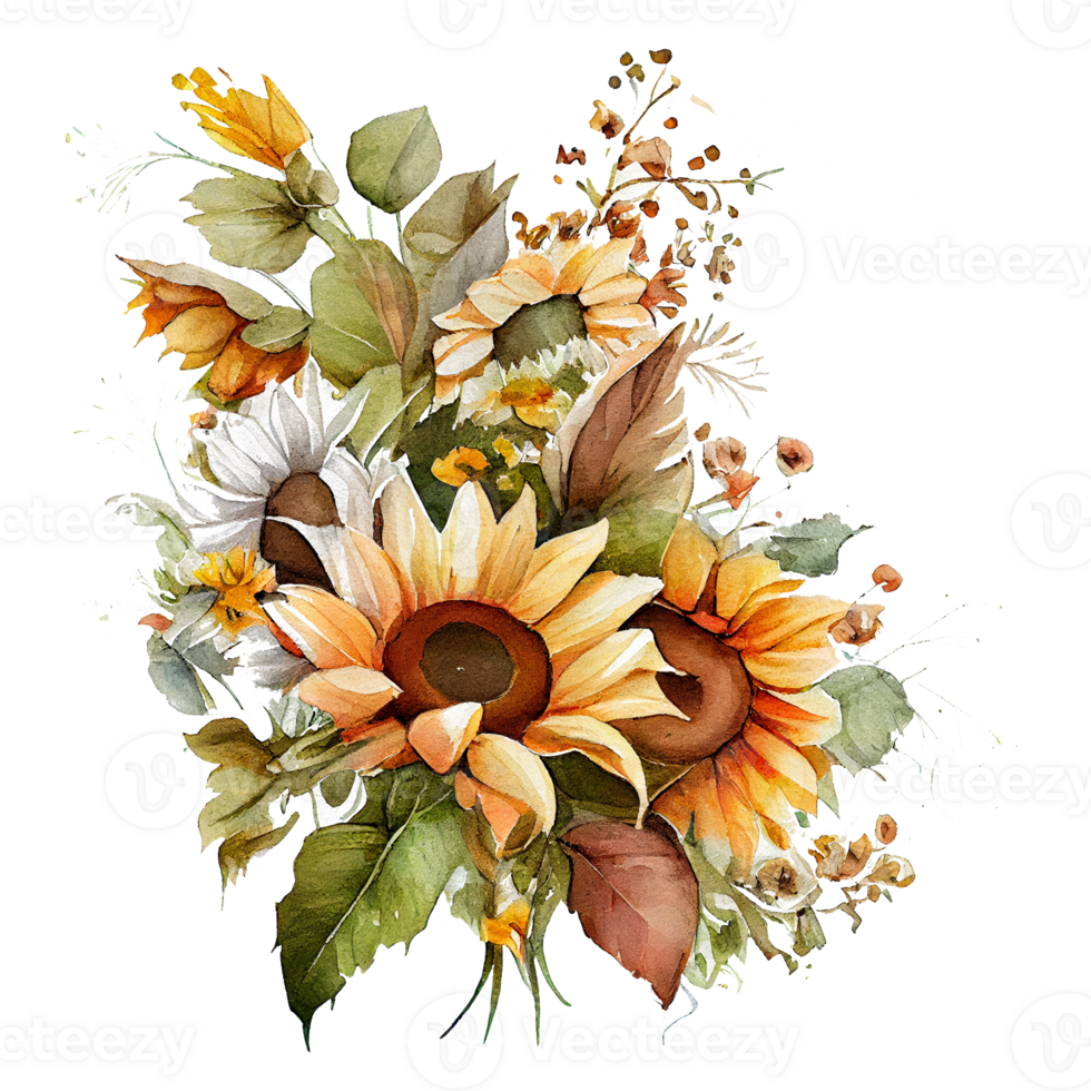 Watercolor floral bouquet composition with Sunflower, png transparent background, .