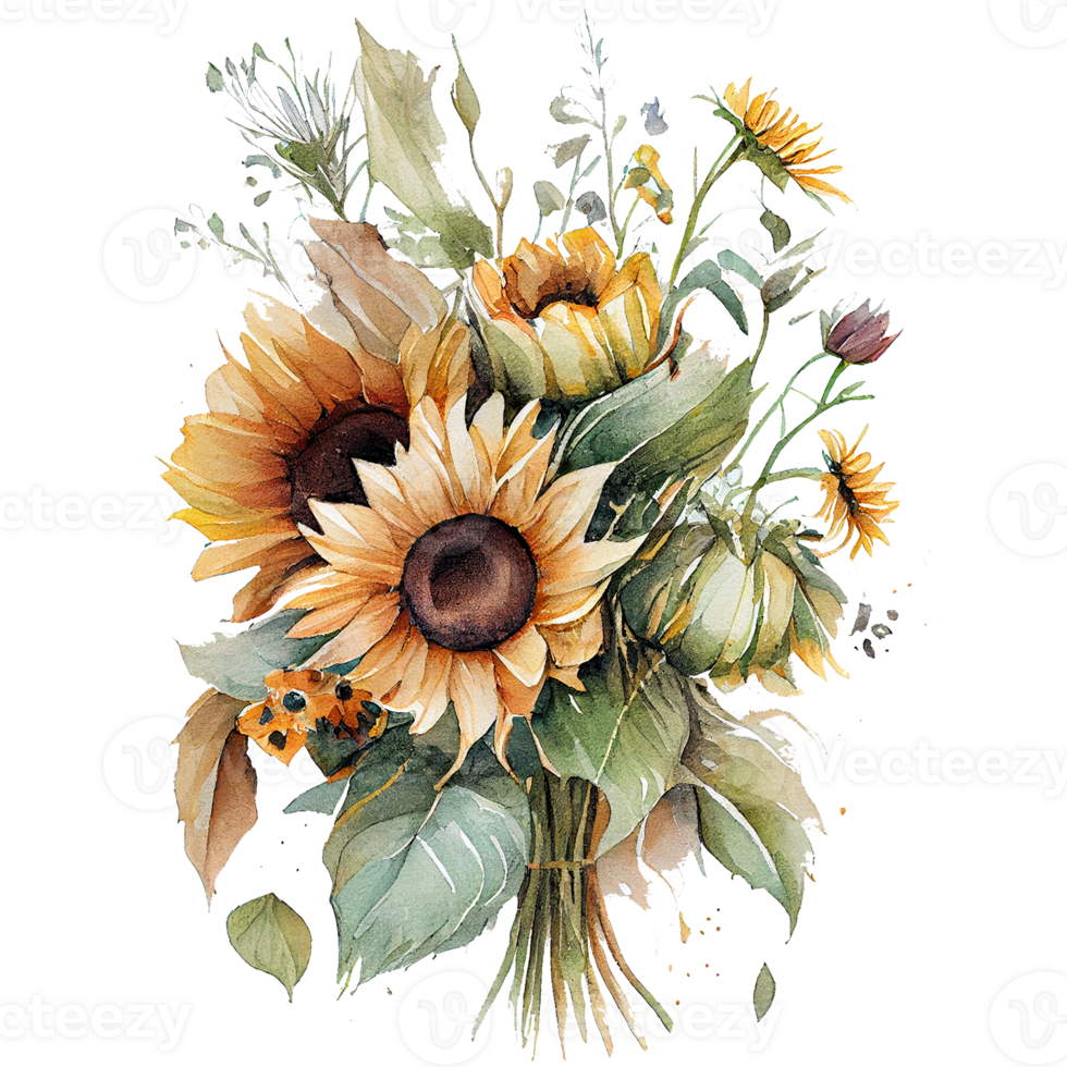 Watercolor floral bouquet composition with Sunflower, png transparent background, .