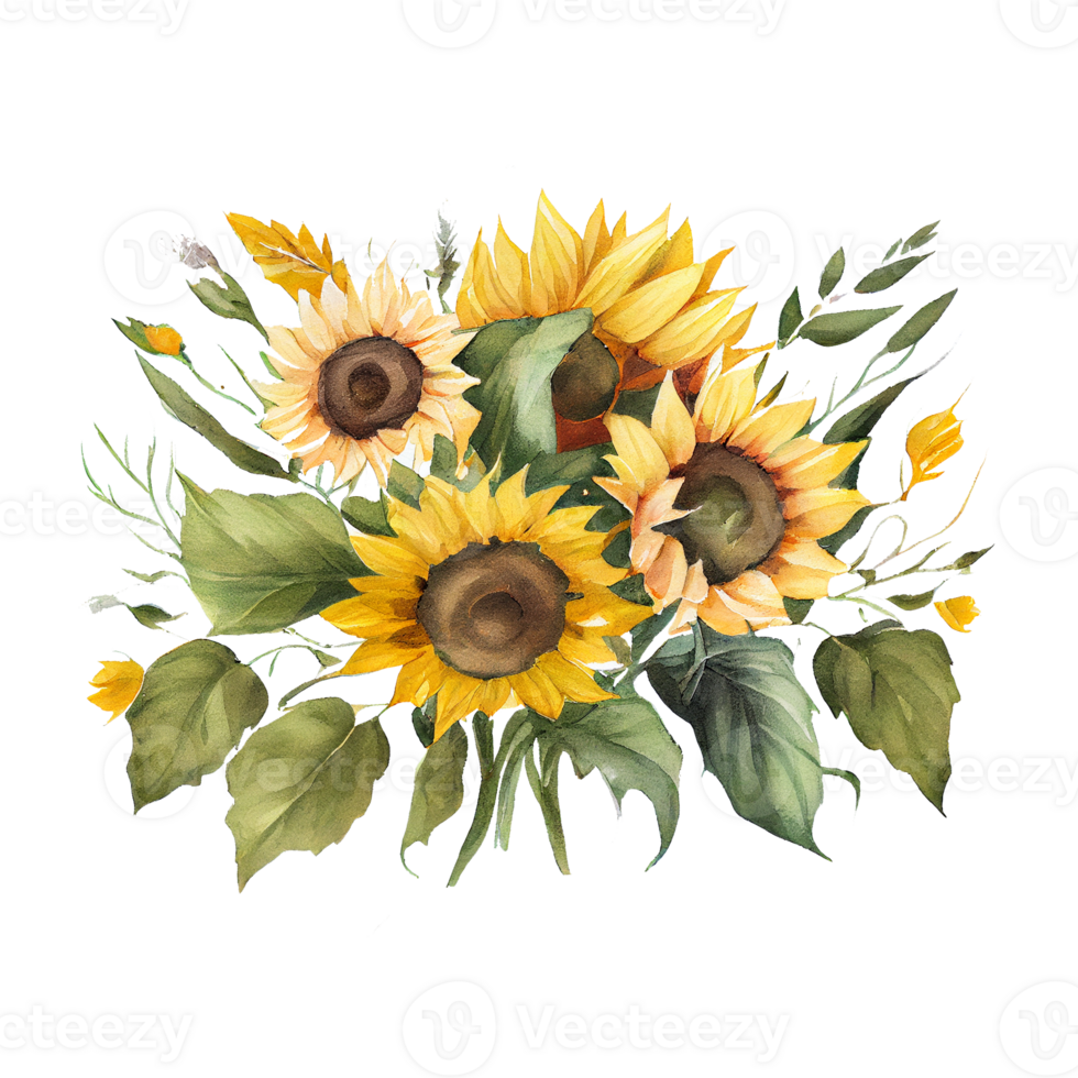 Watercolor floral bouquet composition with Sunflower, png transparent background, .