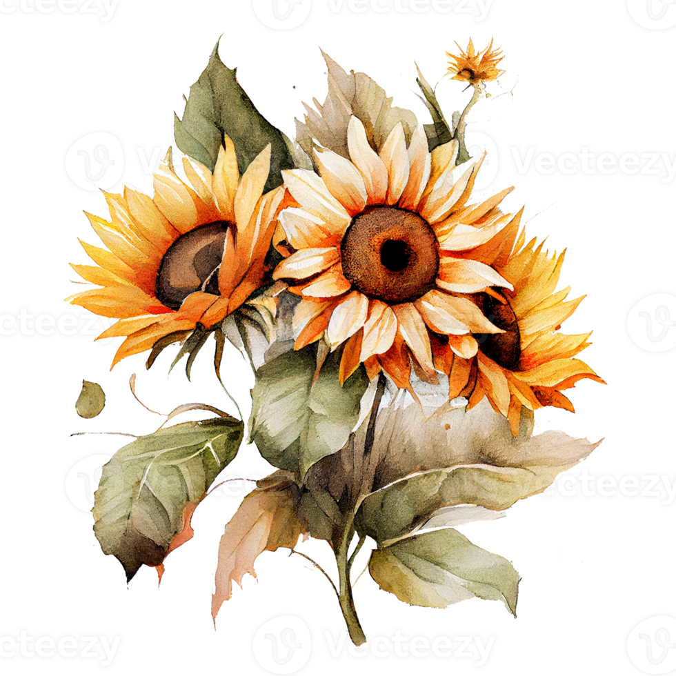 Watercolor floral bouquet composition with Sunflower, png transparent background, .