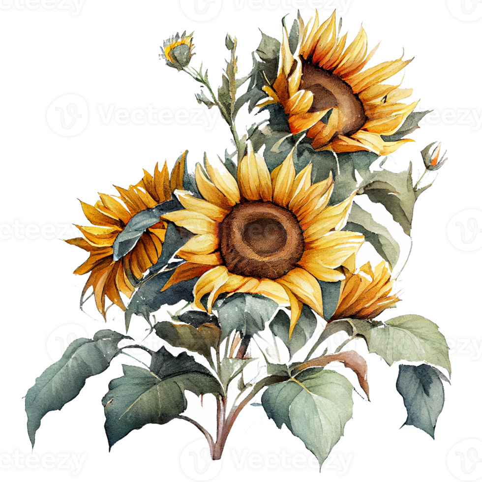 Watercolor floral bouquet composition with Sunflower, png transparent background, .