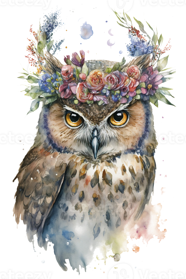 Watercolor Boho Flower Owl, Watercolor owl with flowers, Magic Realism, Dreamy, Wonderland, . png