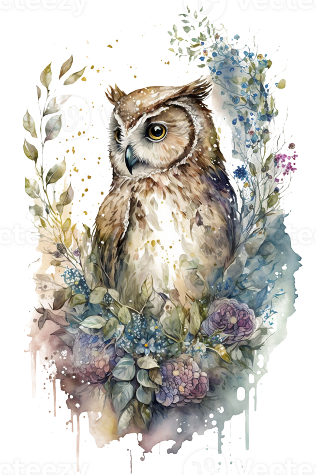 Watercolor Boho Flower Owl, Watercolor owl with flowers, Magic Realism, Dreamy, Wonderland, . png