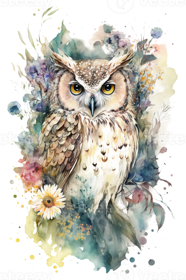 Watercolor Boho Flower Owl, Watercolor owl with flowers, Magic Realism, Dreamy, Wonderland, . png