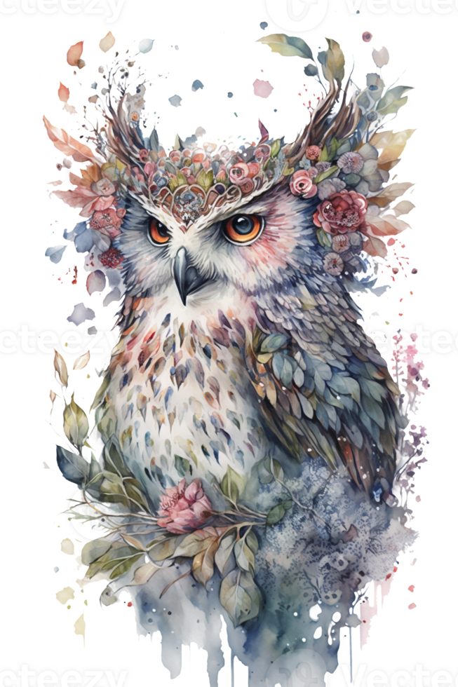 Watercolor Boho Flower Owl, Watercolor owl with flowers, Magic Realism, Dreamy, Wonderland, . png