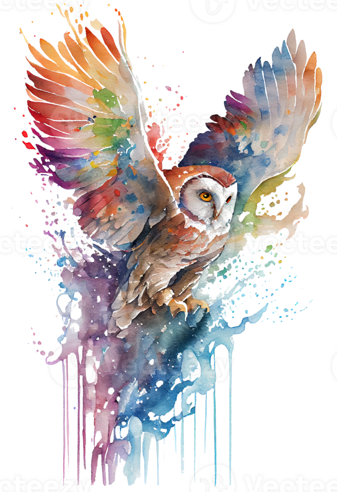 watercolor painting of a flowing Owl bird flying upwards on a transparent background, png, png