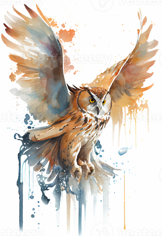watercolor painting of a flowing Owl bird flying upwards on a transparent background, png, png