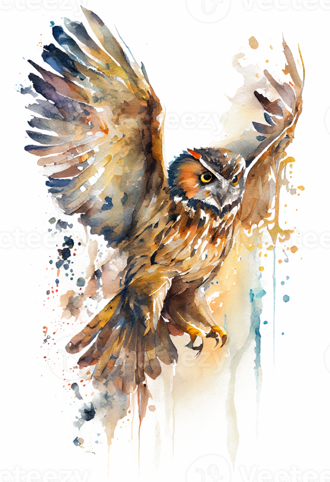 watercolor painting of a flowing Owl bird flying upwards on a transparent background, png, png