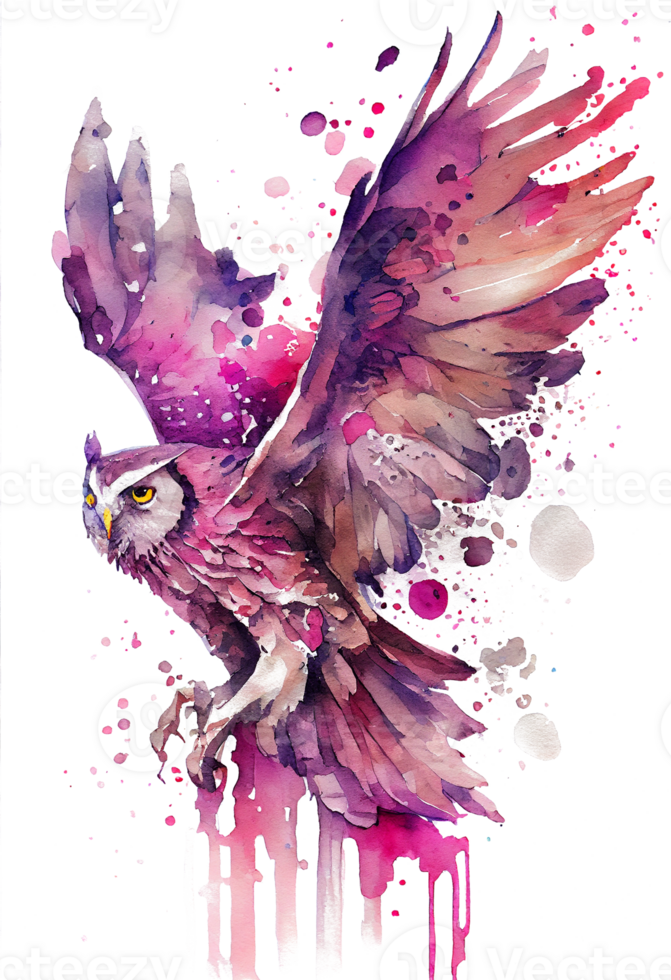 acuarela pintura de un fluido búho pájaro volador hacia arriba en un transparente fondo, png, generativo ai png