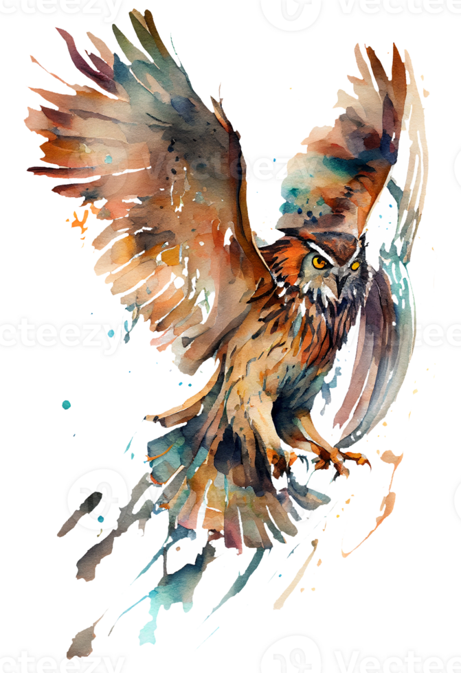 watercolor painting of a flowing Owl bird flying upwards on a transparent background, png, png