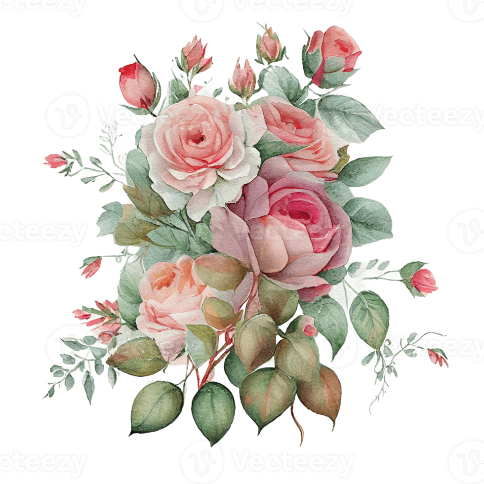 Watercolor floral bouquet composition with roses, png transparent background, .