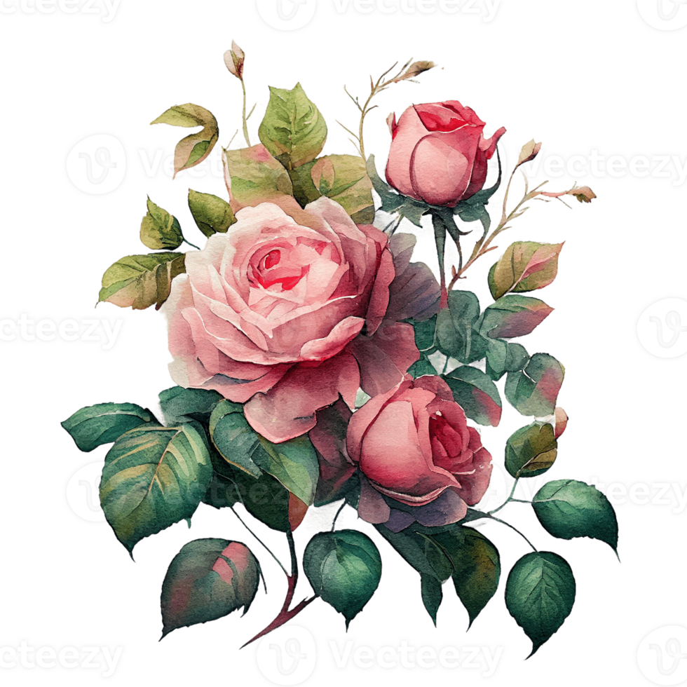 Watercolor floral bouquet composition with roses, png transparent background, .