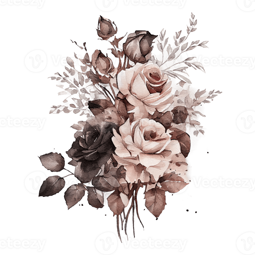 Watercolor floral bouquet composition with roses, png transparent background, .