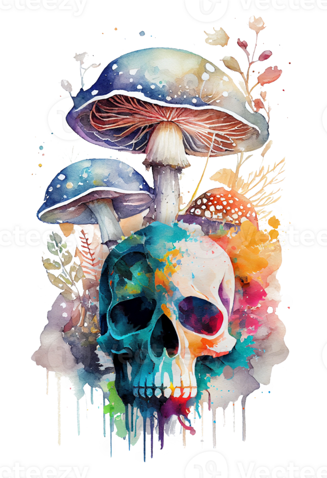 Watercolor floral mushroom skull with slogan, Psychedelic Mushrooms and skulls, . png