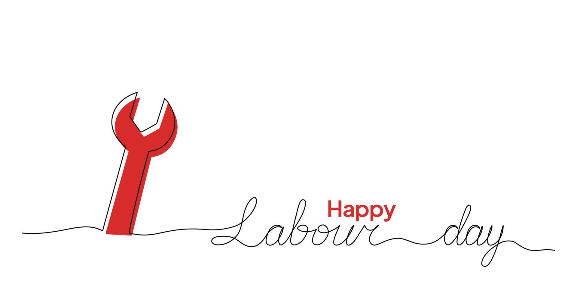 Vector illustration of single line drawing of wrench and Labor Day lettering. Happy Labor Day. Labor Day logo concept with wrench.