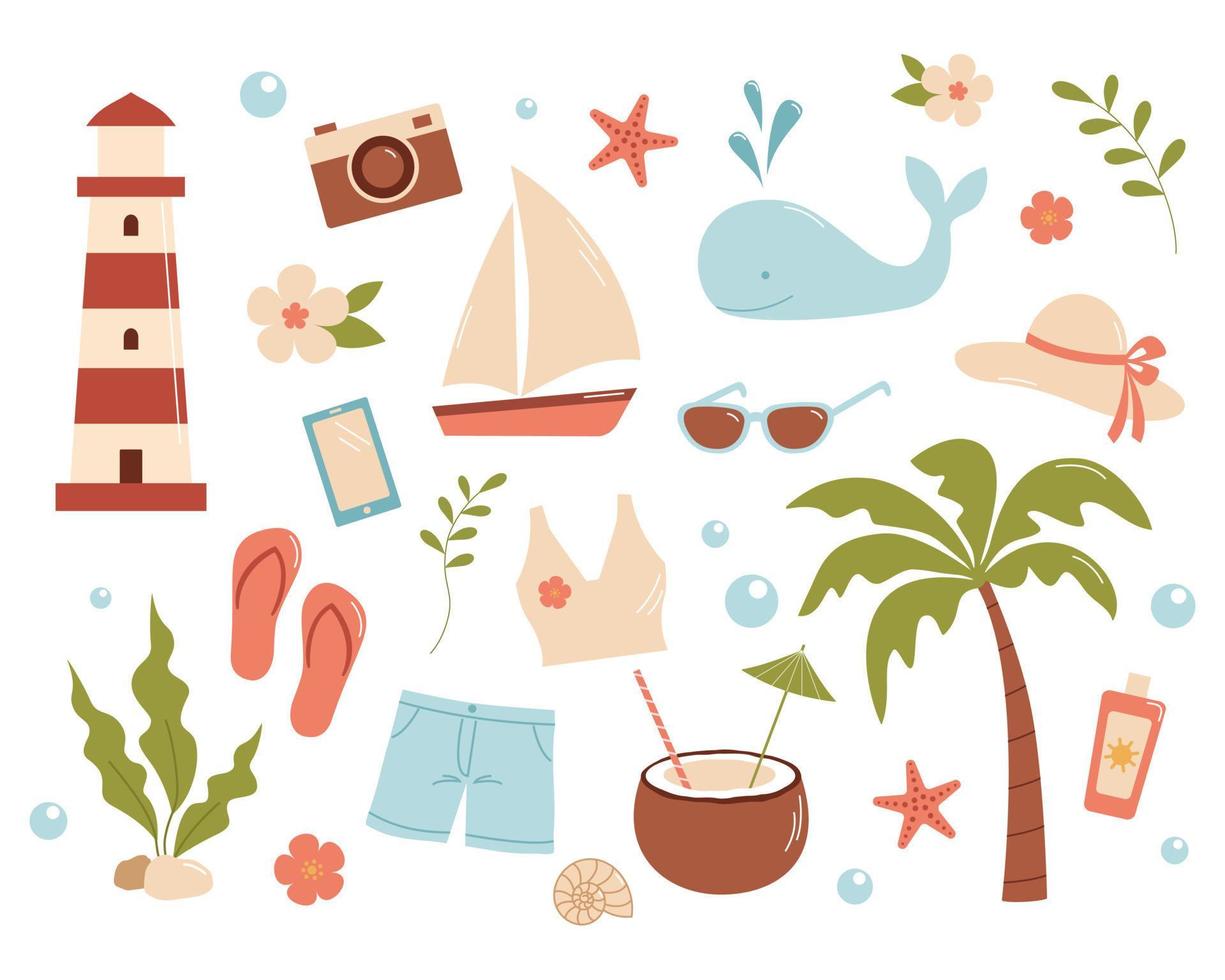 A set of summer things and beach accessories. Cartoon vector illustration. Beach set