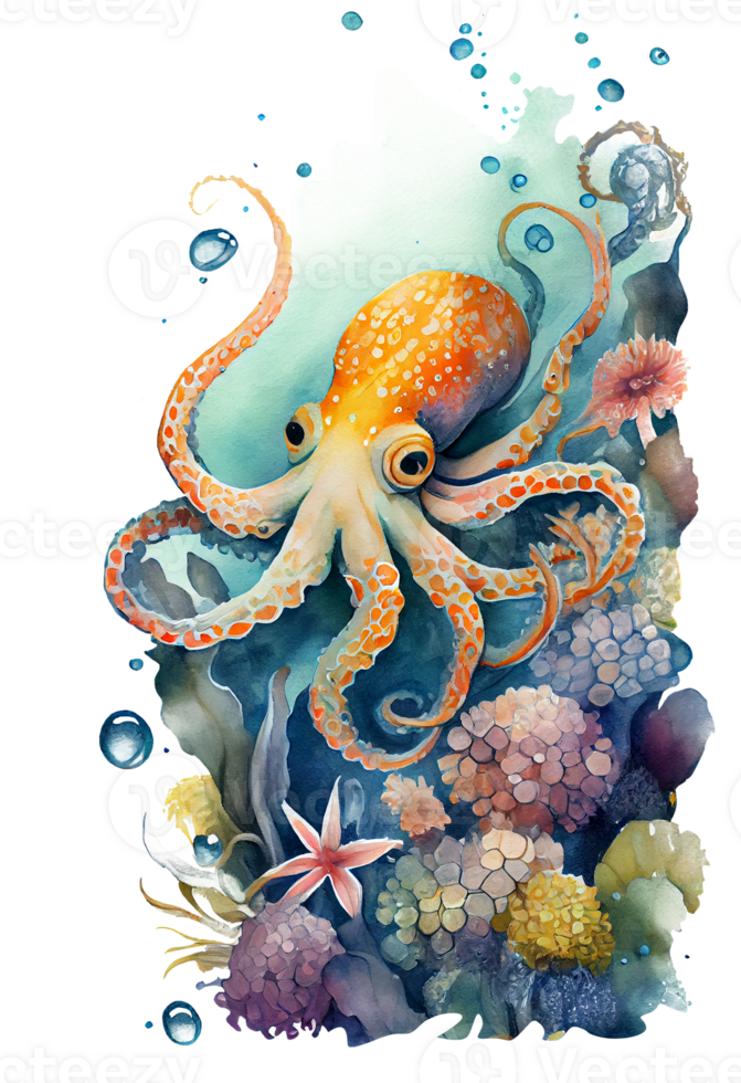 waterverf van Octopus, Octopus zwemmen onderwater- in de oceaan, generatief ai png