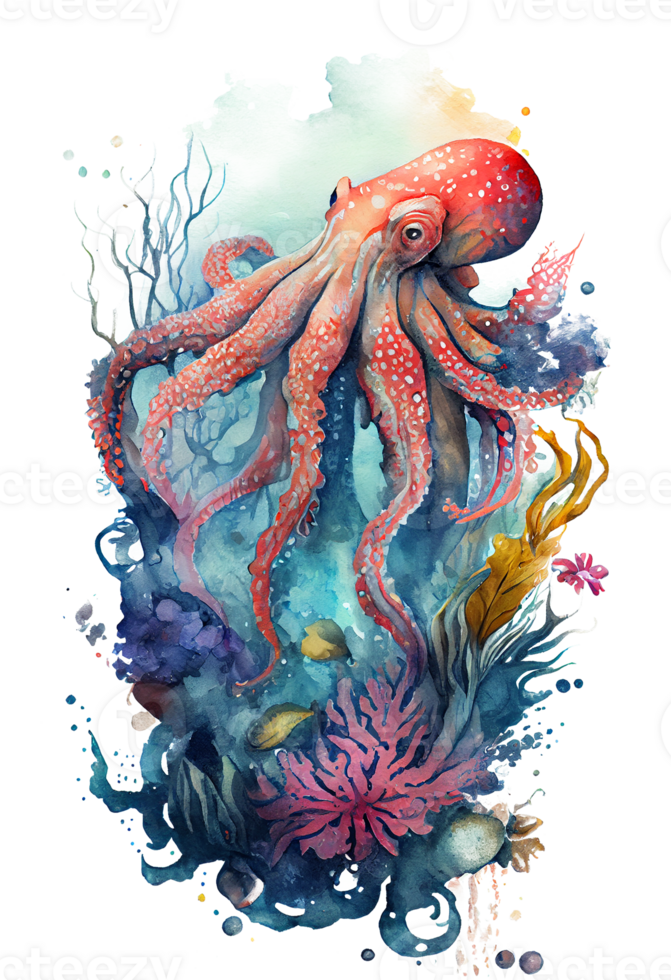 waterverf van Octopus, Octopus zwemmen onderwater- in de oceaan, generatief ai png