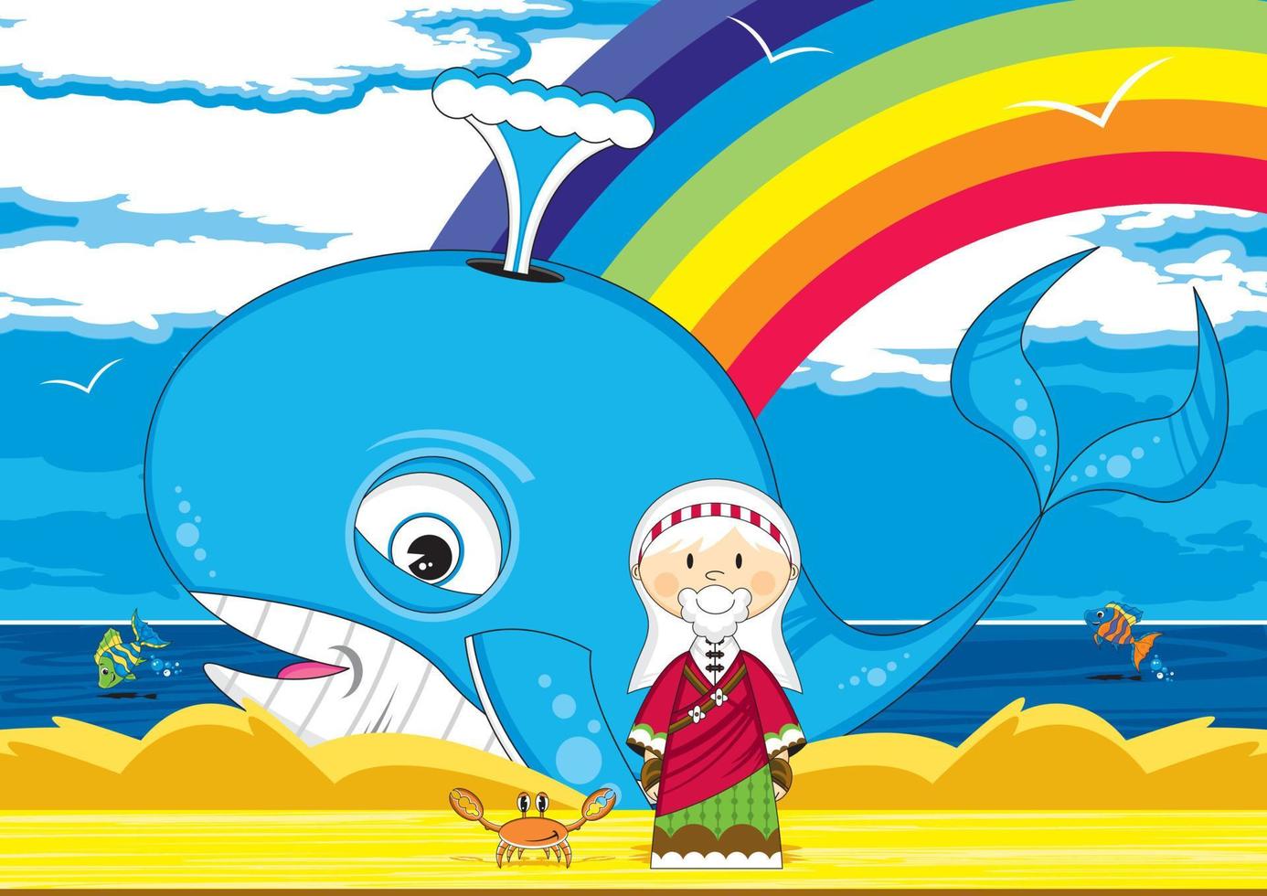 Jonah and the Whale with Cute Crab - Biblical Illustration vector