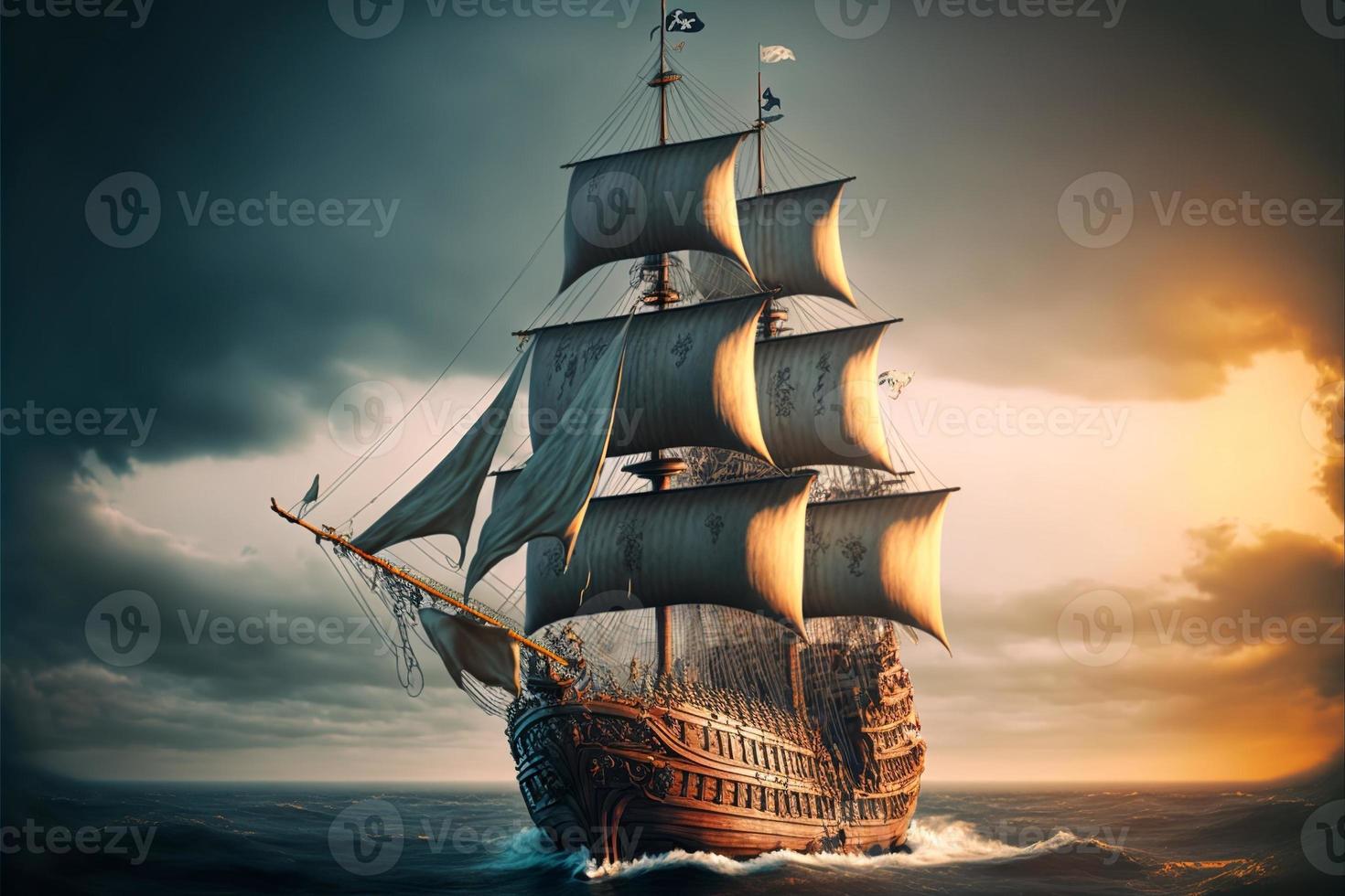 Landscape with pirate ship at sea, horizon in background. AI digital illustration photo