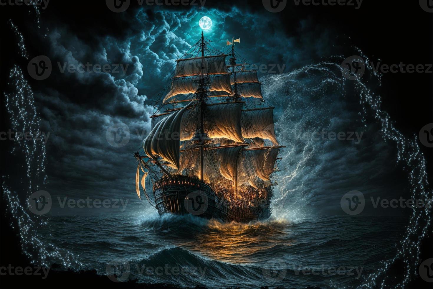 Landscape with pirate ship at sea, horizon in background. AI digital illustration photo