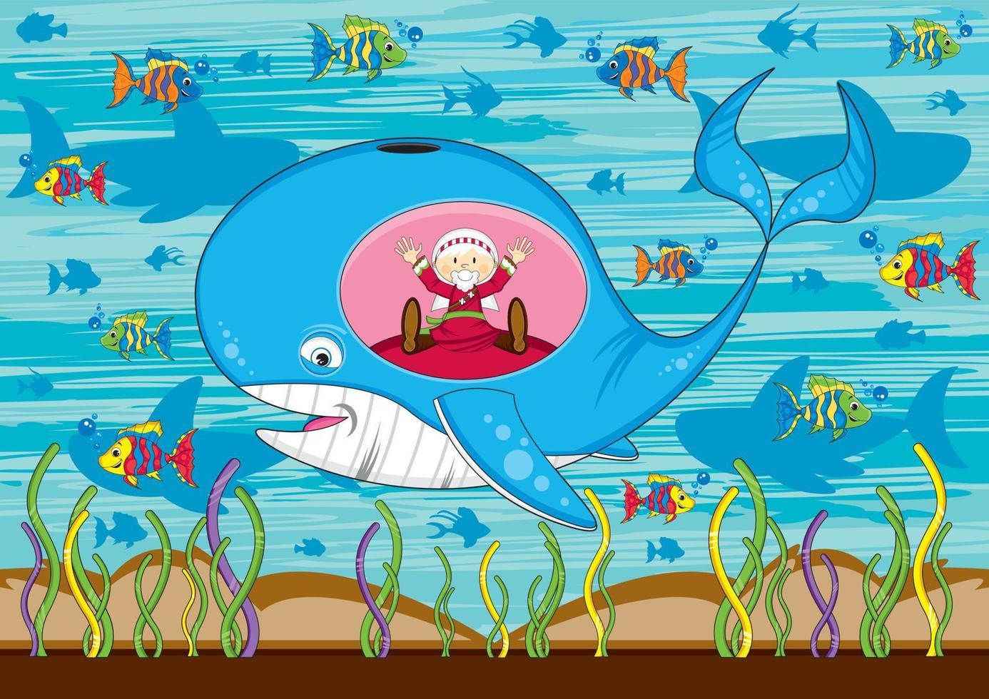 Jonah and the Whale with Tropical Fish and Sharks - Biblical Illustration vector