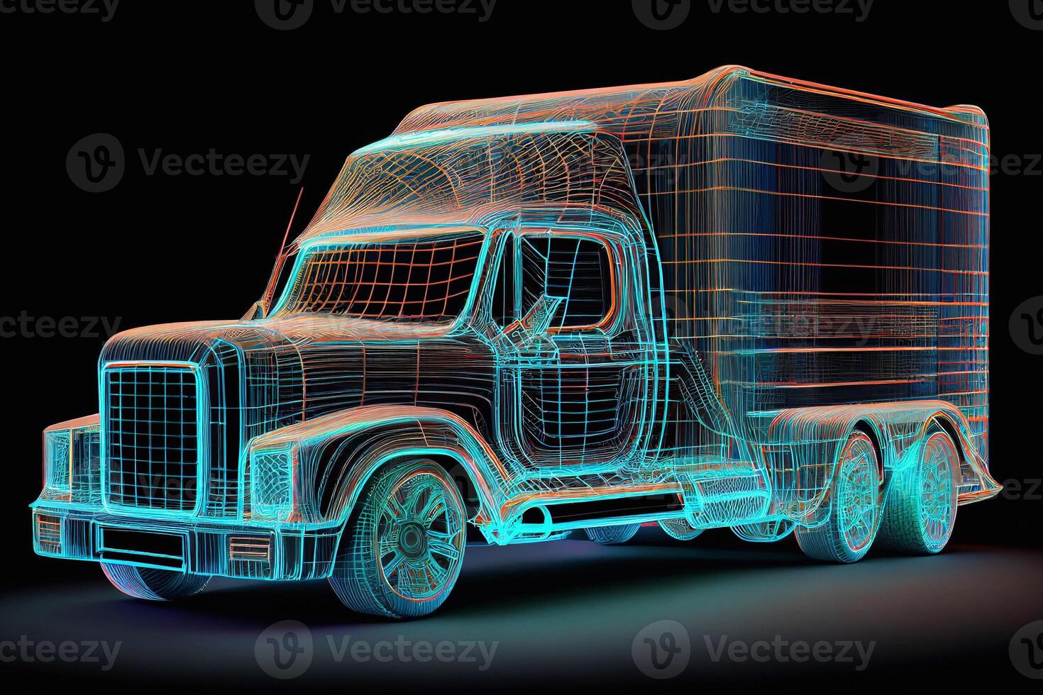 Truck. Abstract 3d heavy lorry van on highway road. Icon pin. Isolated on blue. Transportation vehicle, delivery transport, cargo logistic concept. Freight shipping, international delivering AI photo