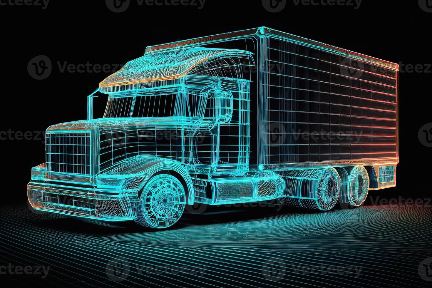 Truck. Abstract 3d heavy lorry van on highway road. Icon pin. Isolated on blue. Transportation vehicle, delivery transport, cargo logistic concept. Freight shipping, international delivering AI photo