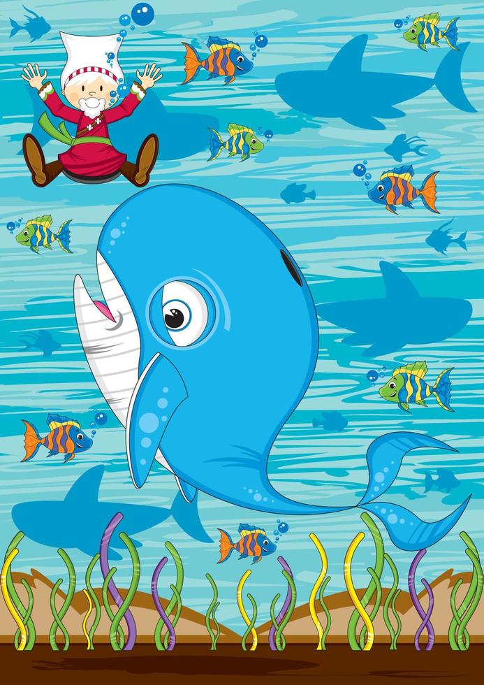 Jonah and the Whale with Tropical Fish and Sharks - Biblical Illustration vector