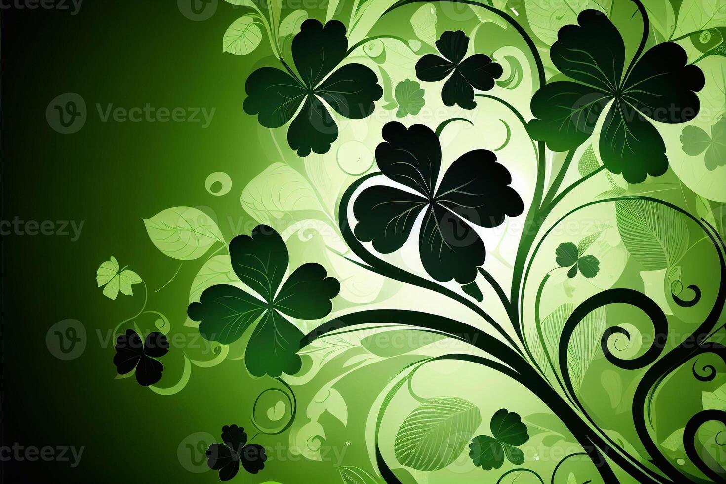 Shamrock or green clover leaves pattern background flat design illustration isolated on dark green background. St Patricks Day shamrock symbols decorative elements pattern AI photo