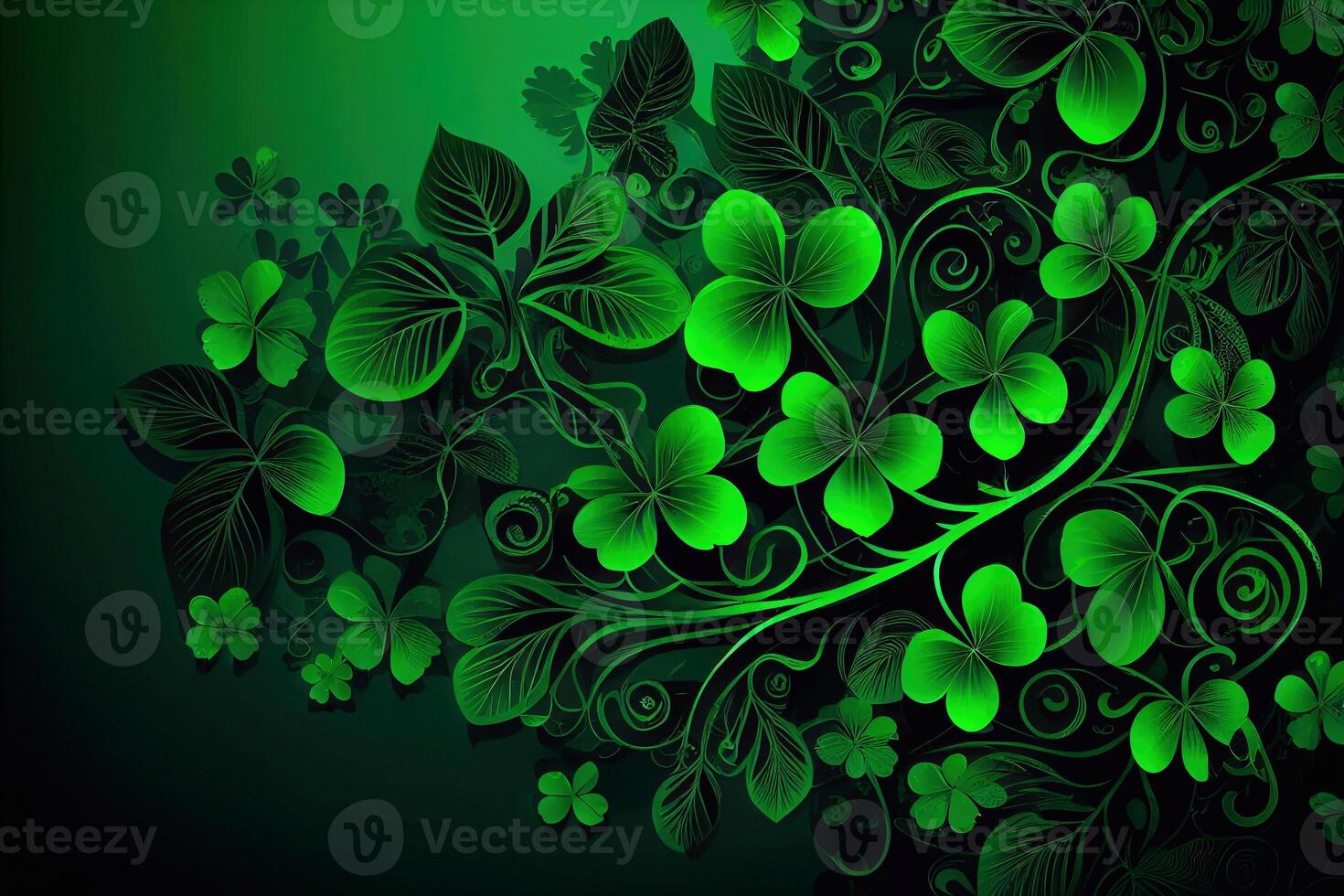 Shamrock or green clover leaves pattern background flat design illustration isolated on dark green background. St Patricks Day shamrock symbols decorative elements pattern AI photo