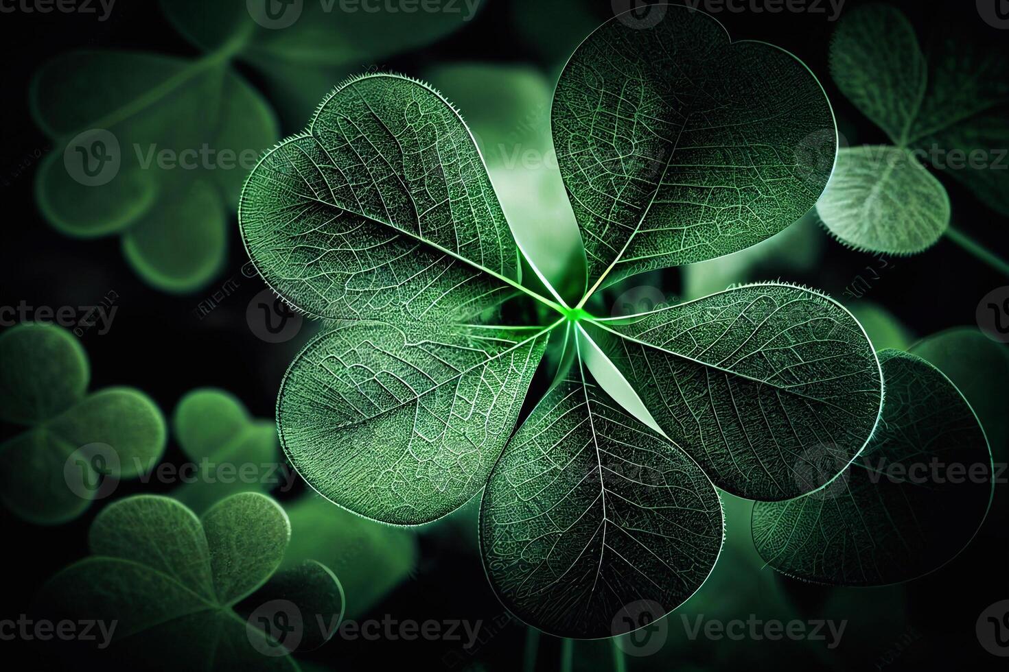 Shamrock or green clover leaves pattern background flat design illustration isolated on dark green background. St Patricks Day shamrock symbols decorative elements pattern AI photo