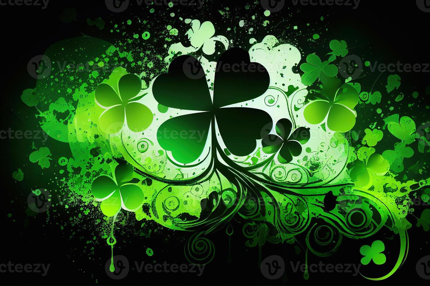 Shamrock or green clover leaves pattern background flat design illustration isolated on dark green background. St Patricks Day shamrock symbols decorative elements pattern AI photo