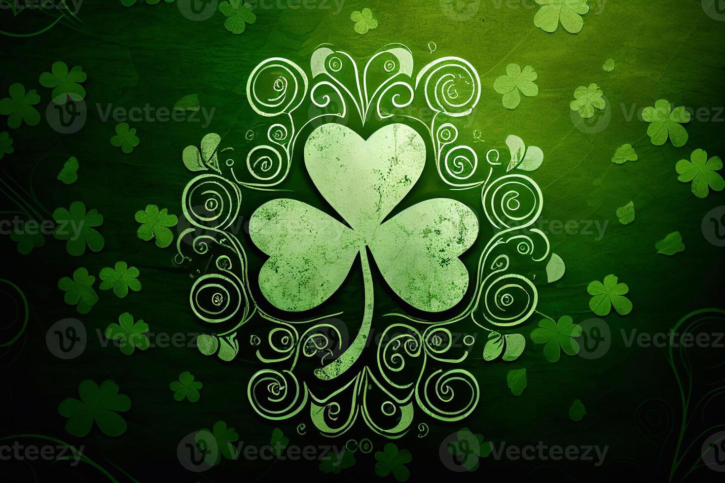 Shamrock or green clover leaves pattern background flat design illustration isolated on dark green background. St Patricks Day shamrock symbols decorative elements pattern AI photo