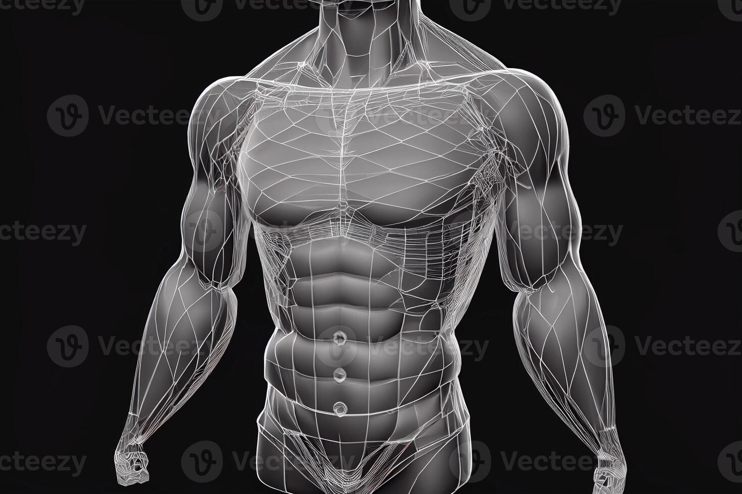 Abstract isolated human body on background. Polygonal top of body of adult man with polygons, particles, lines and connected dots. Medicine and healthy life digital concept. Low poly wireframe. AI photo