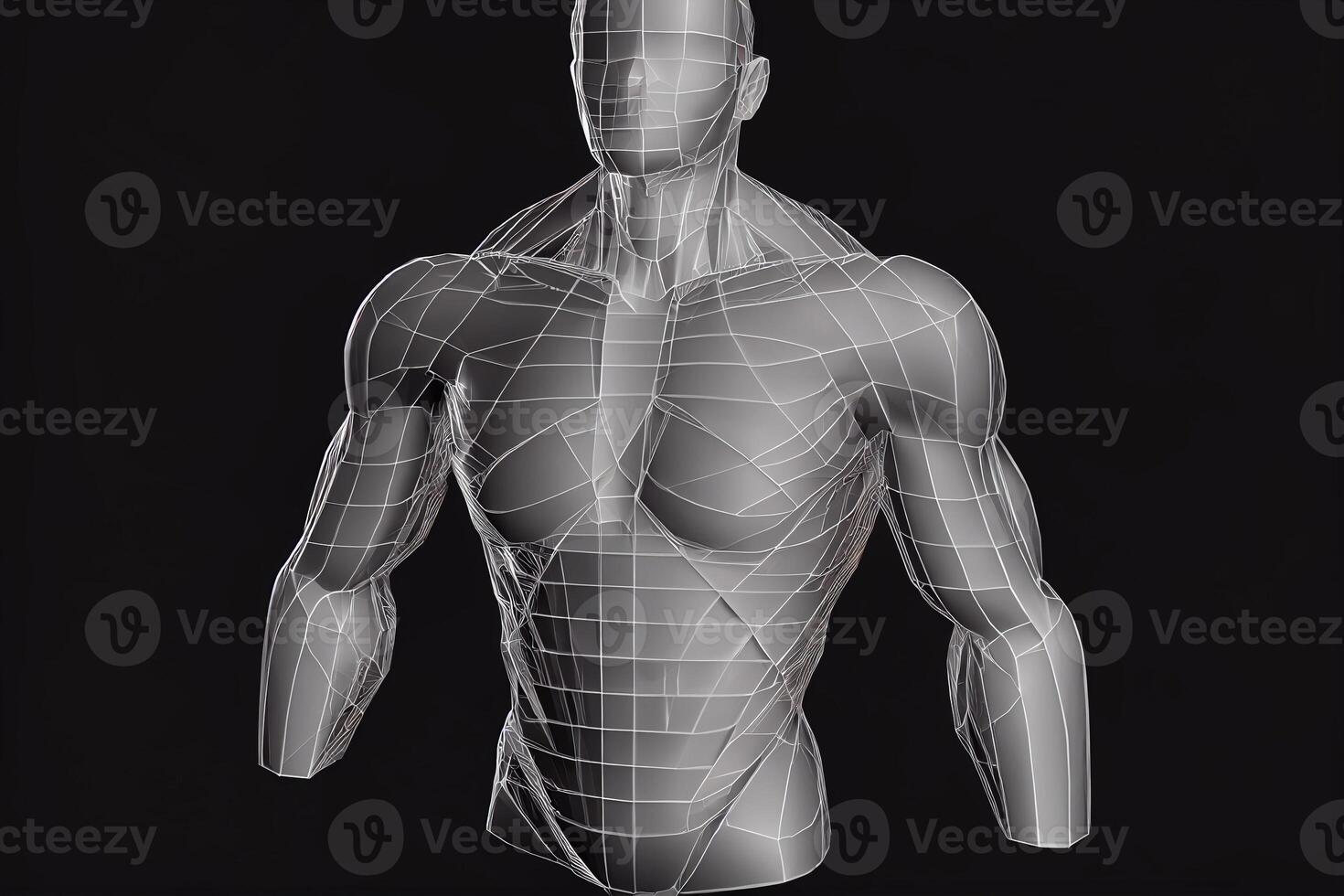 Abstract isolated human body on background. Polygonal top of body of adult man with polygons, particles, lines and connected dots. Medicine and healthy life digital concept. Low poly wireframe. AI photo