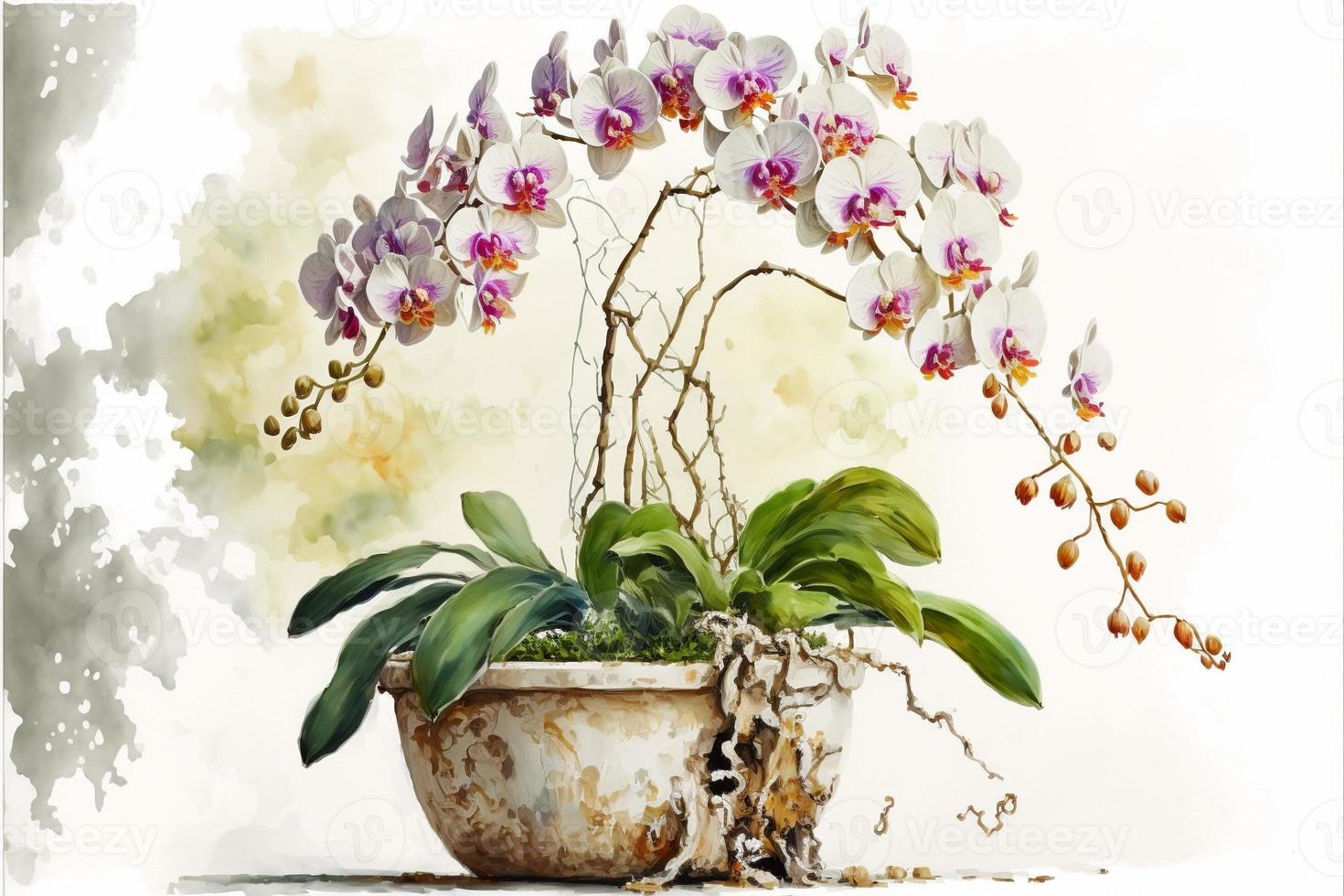 Painting orchids in potted plant, white background. AI digital illustration photo