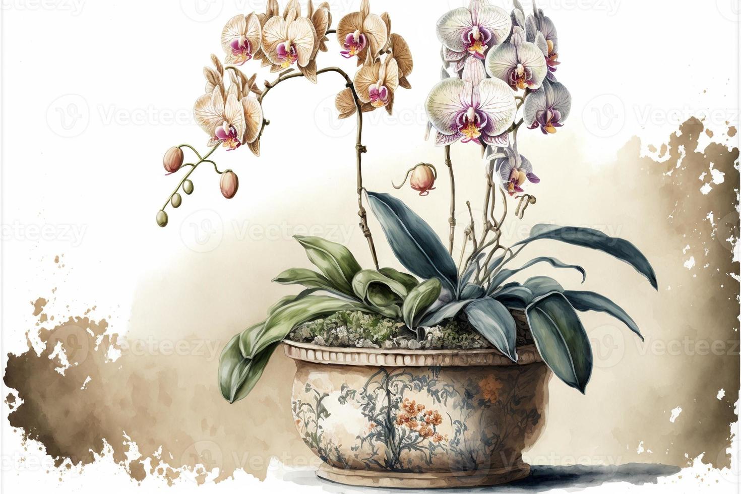 Painting orchids in potted plant, white background. AI digital illustration photo