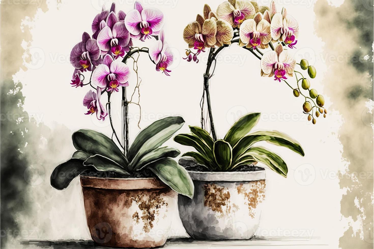 Painting orchids in potted plant, white background. AI digital illustration photo