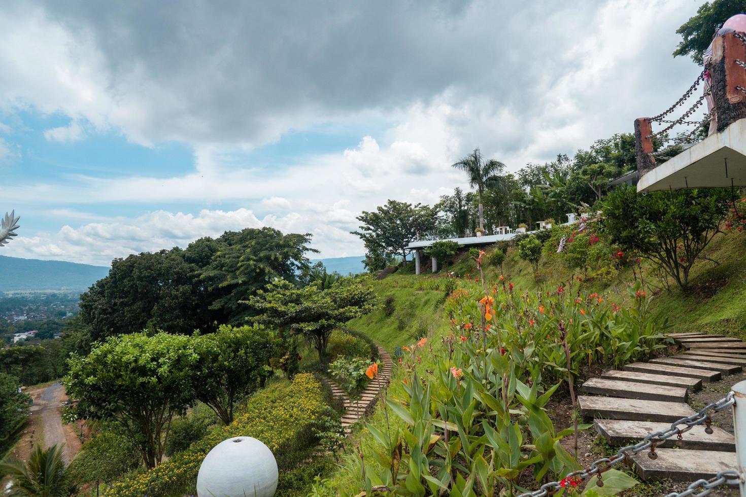 Landscape photo of green garden, up hill and flower park on the Central Java Semarang. The photo is suitable to use for traditional food background, poster and food content media.