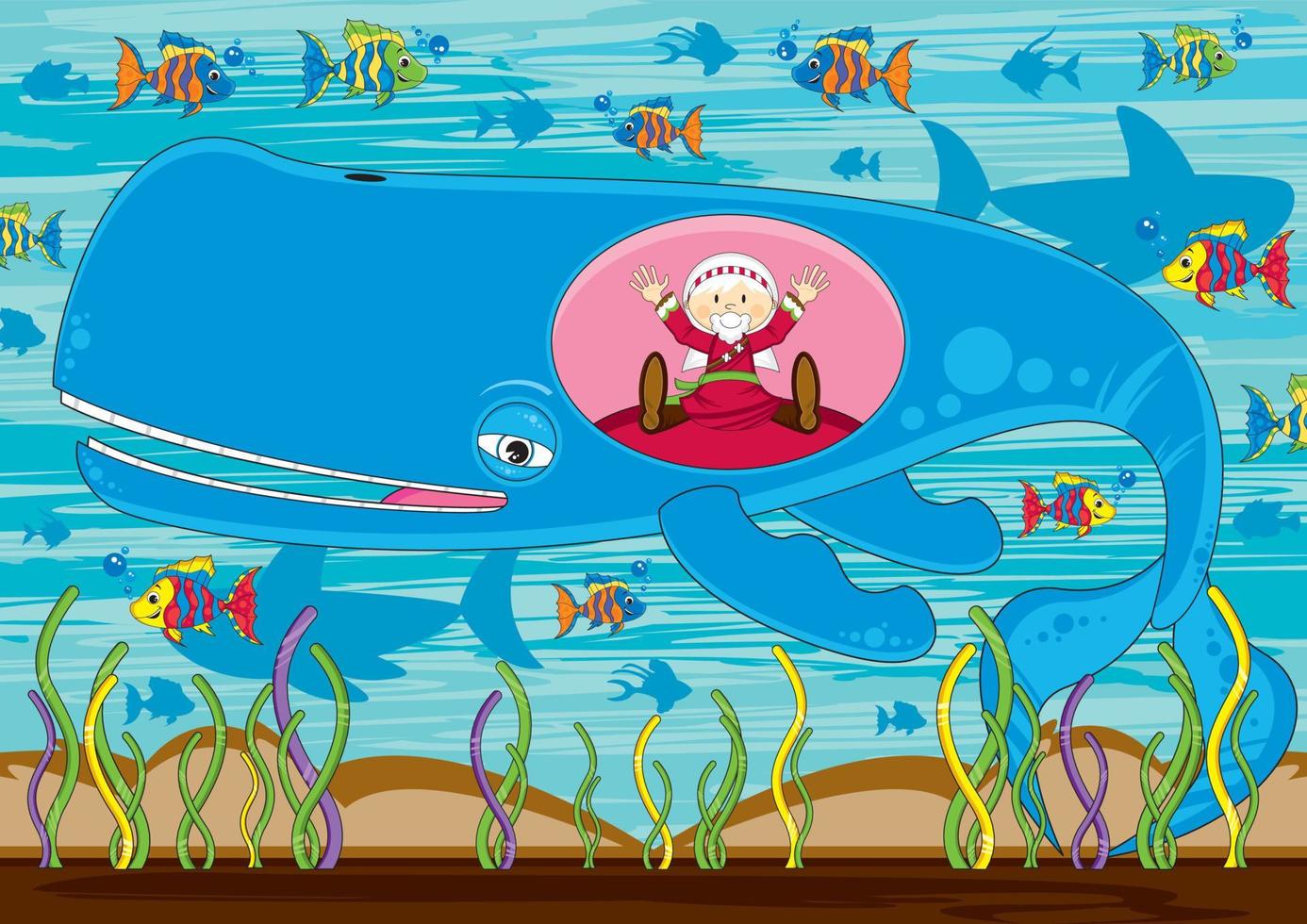 Jonás y el ballena con tropical pescado y tiburones - bíblico ilustración vector