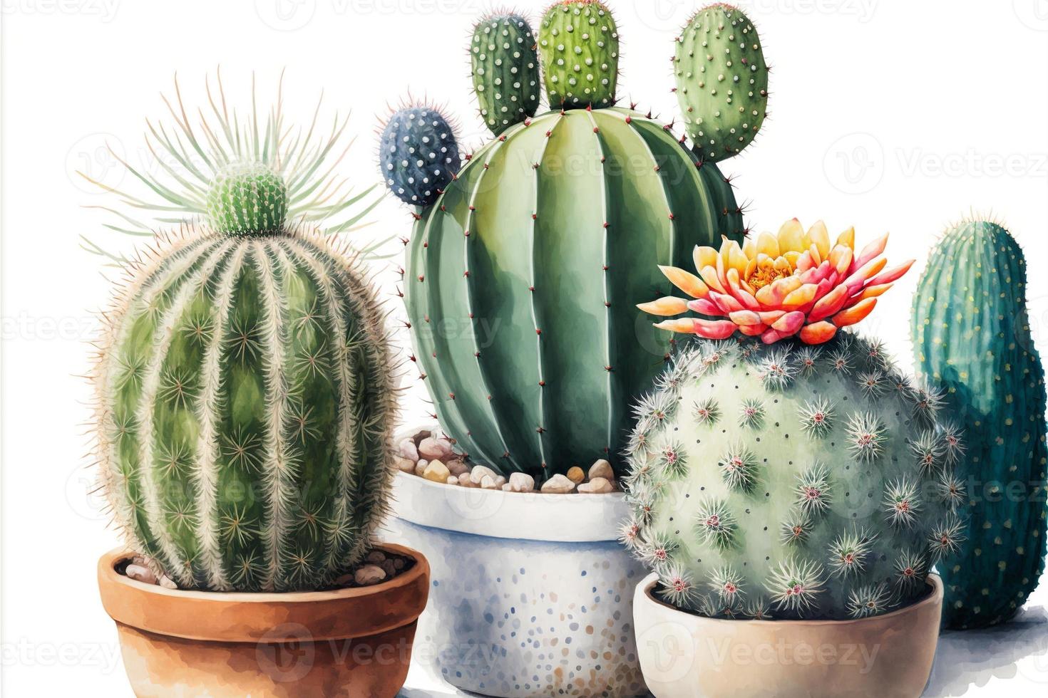 Painting various cacti in potted plants, white background. AI digital illustration photo