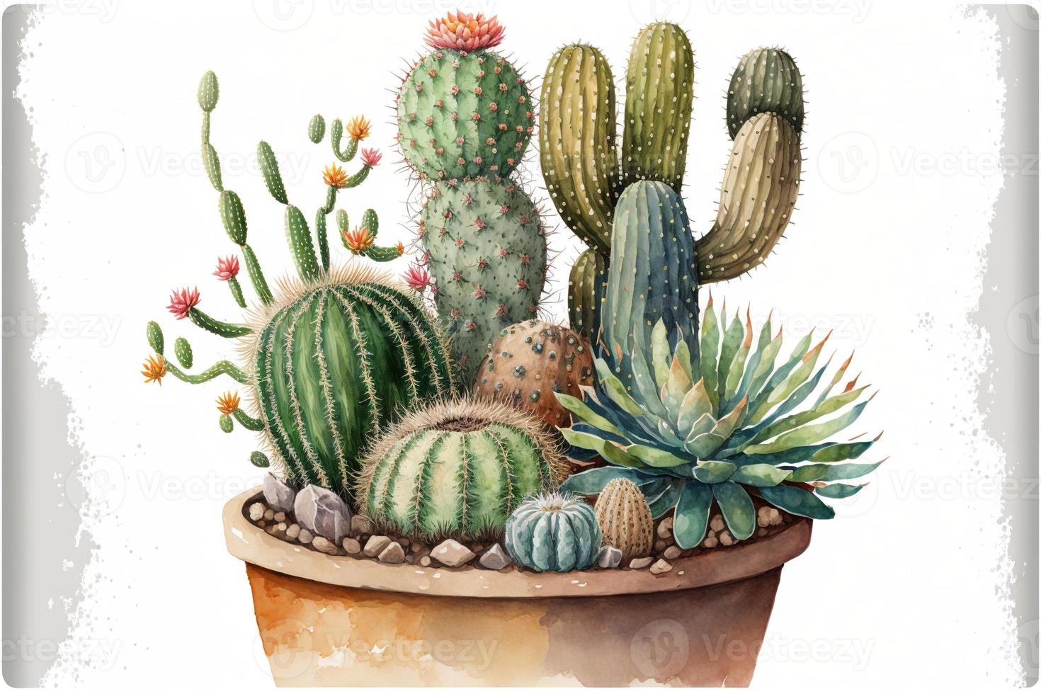 Painting various cacti in potted plants, white background. AI digital illustration photo