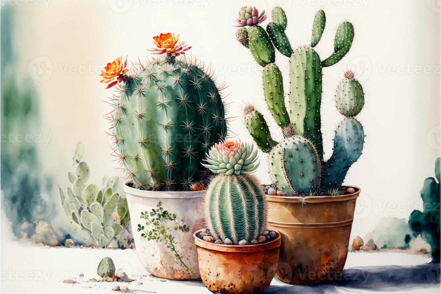 Painting various cacti in potted plants, white background. AI digital illustration photo