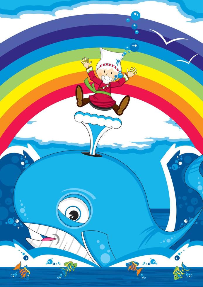 Jonás y el ballena con tropical pescado y arco iris - bíblico ilustración vector