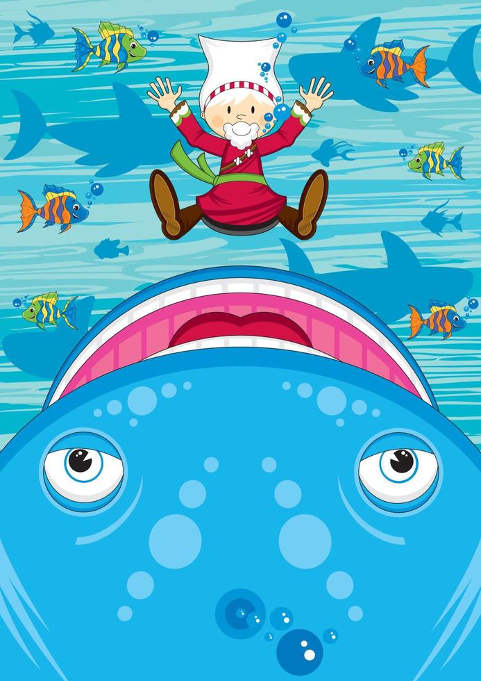 Jonah and the Whale with Tropical Fish and Sharks - Biblical Illustration vector