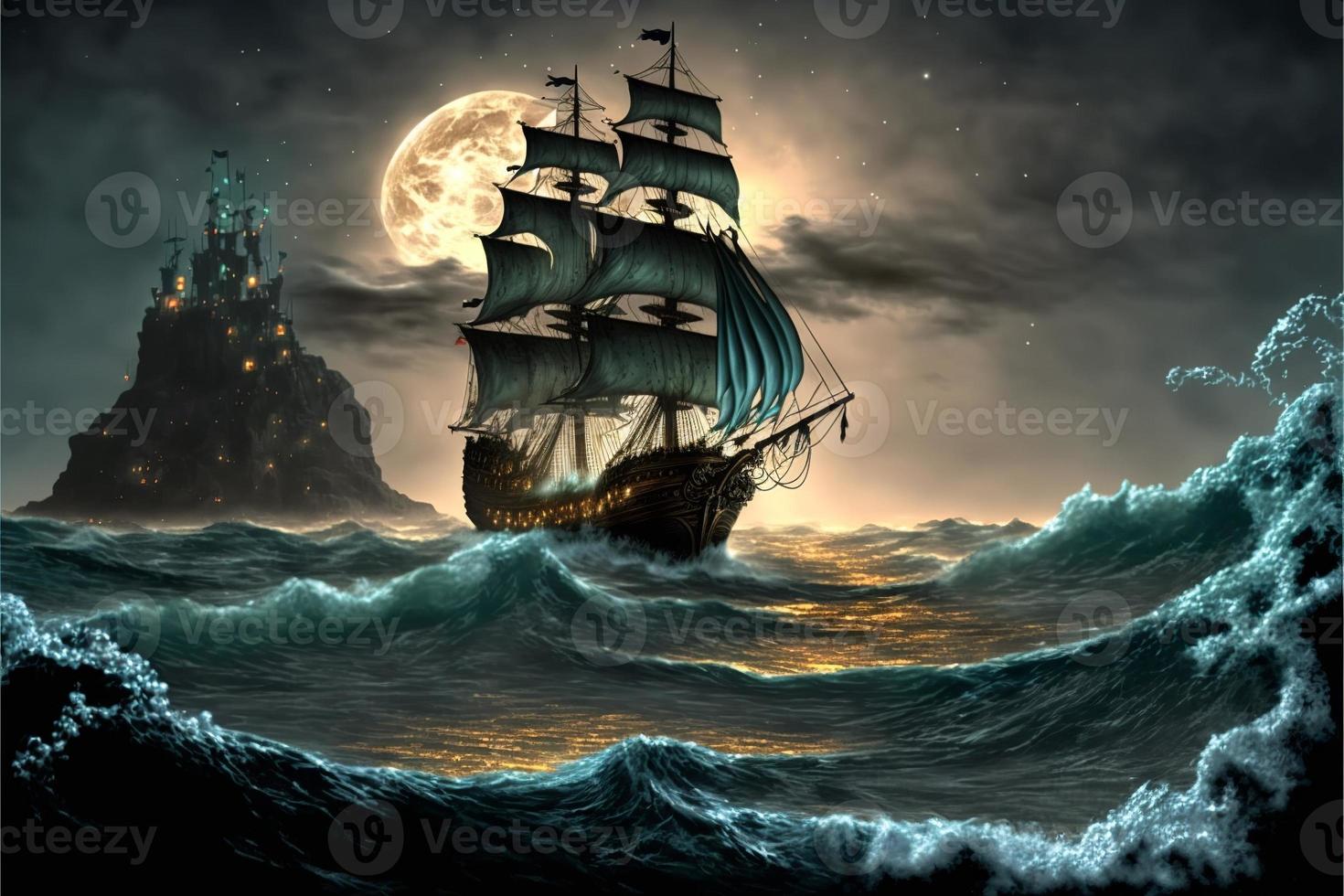 Landscape with pirate ship in the sea, sky full of clouds and full moon, horizon in the background. AI digital illustration photo